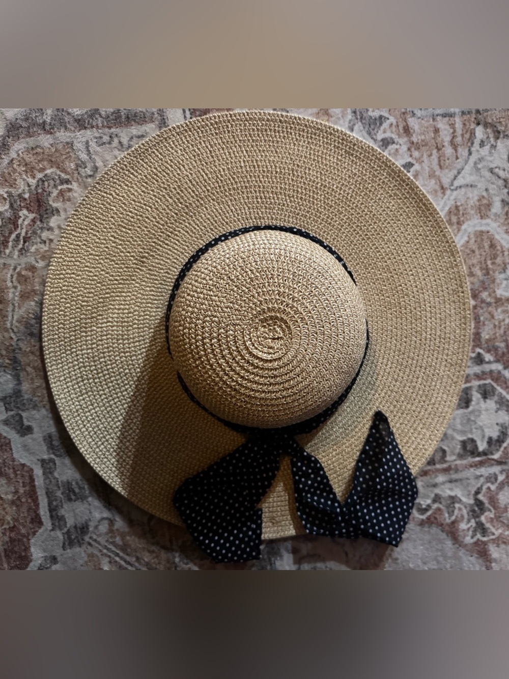 Milani Beige Straw Sun Hat with Black Polka Dot Bow